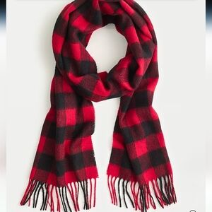 Abraham Moon‎ for J.Crew Lambswool Scarf Red Black Buffalo Check Plaid Fringe...